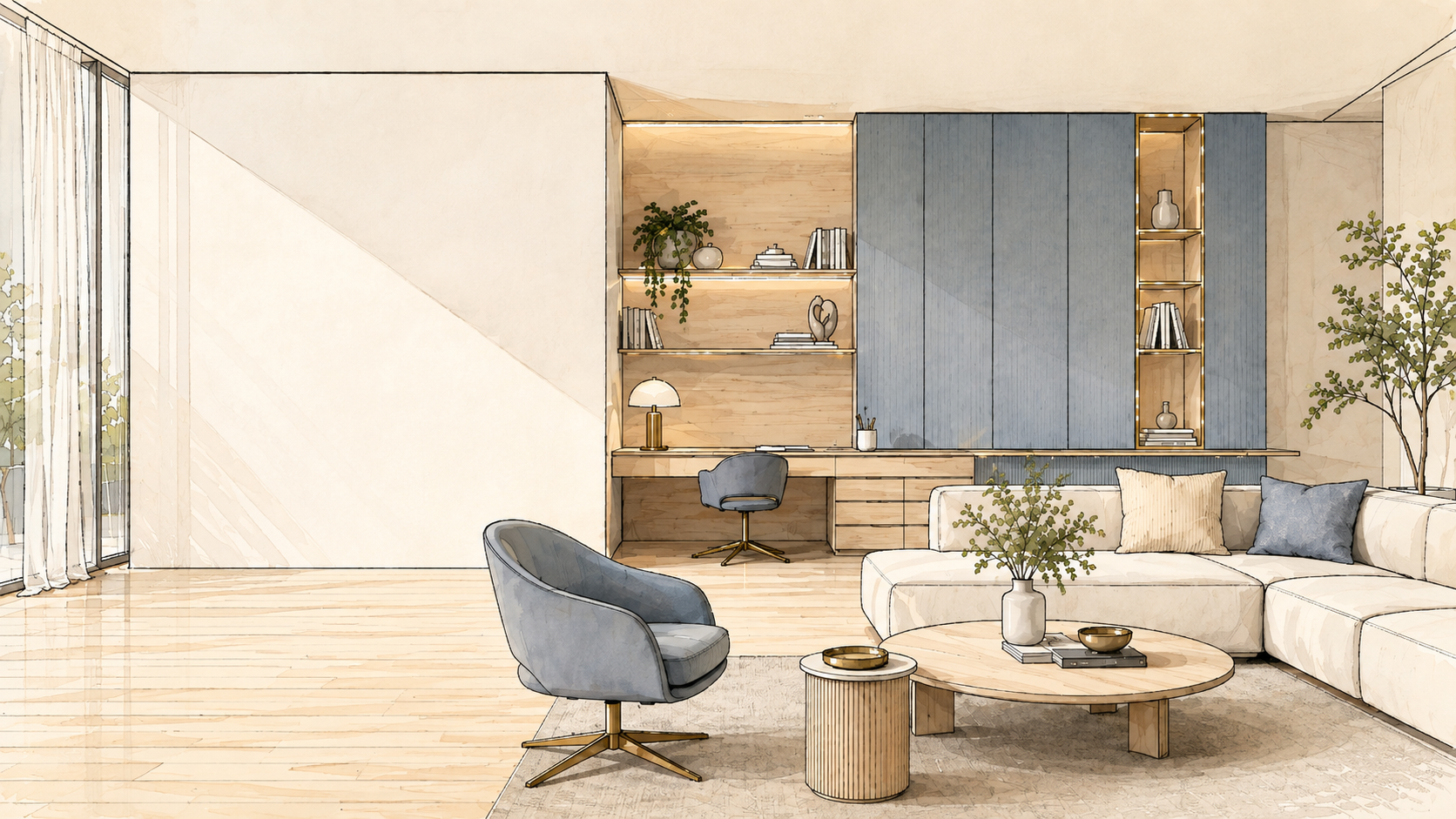 Interior contemporáneo representado mediante una ilustración arquitectónica